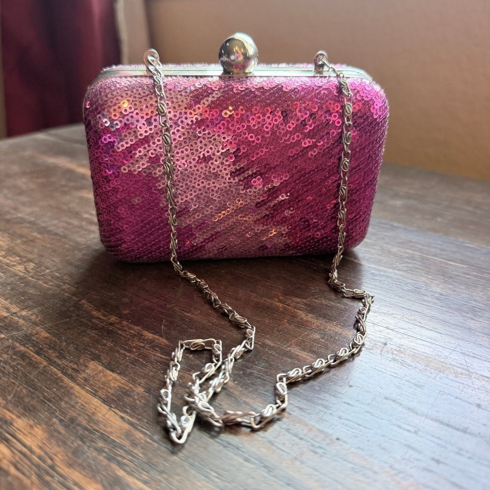 Sparkling Pink Sequin Evening Clutch with Chain